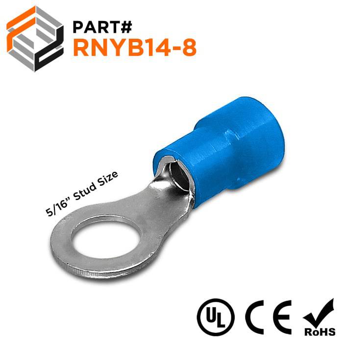 RNYB14-8 - 6 AWG Nylon Insulated Ring Terminals, 5/16" Stud, 10 Pieces