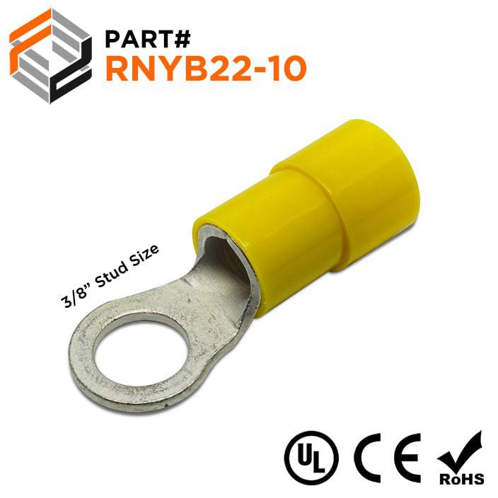 RNYB22-10 - 4 AWG Nylon Insulated Ring Terminals, 3/8" Stud, 10 Pieces