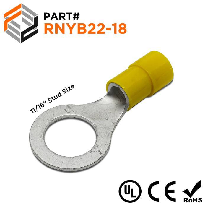 RNYB22-18 - 4 AWG Nylon Insulated Ring Terminals, 11/16" Stud, 10 Pieces