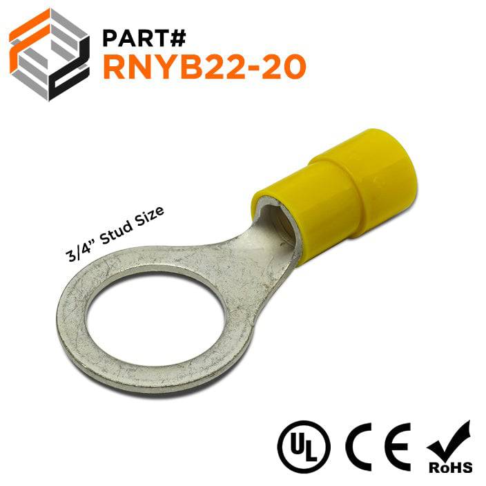 RNYB22-20 - 4 AWG Nylon Insulated Ring Terminals, 3/4" Stud, 10 Pieces