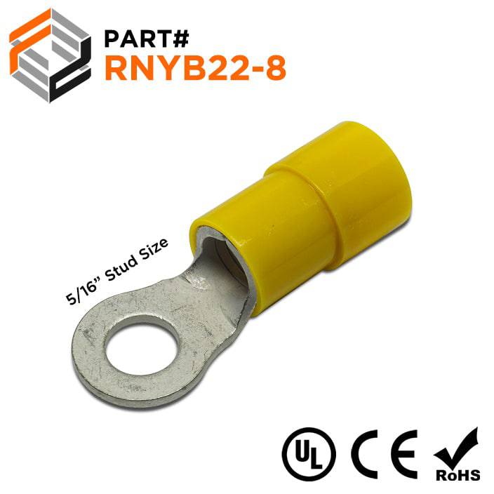RNYB22-8 - 4 AWG Nylon Insulated Ring Terminals, 5/16" Stud, 10 Pieces