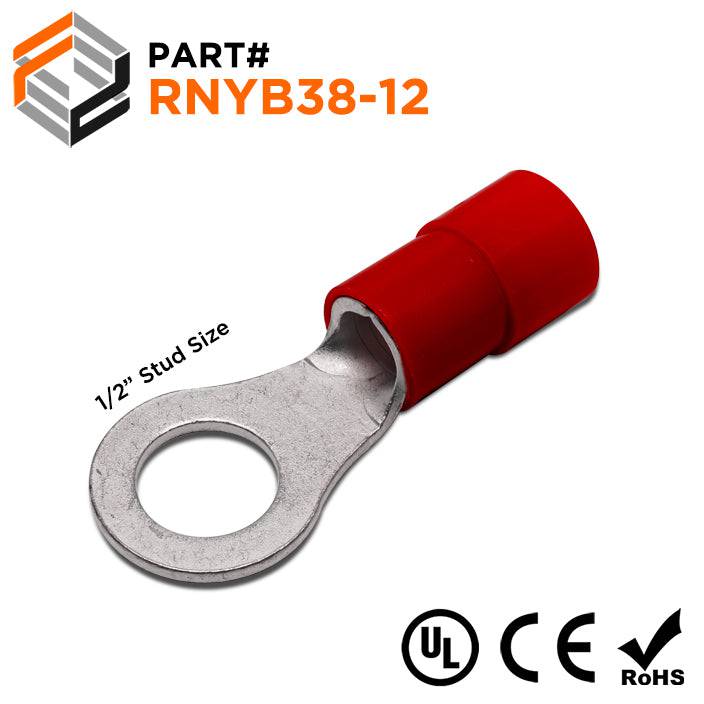 RNYB38-12 - 2 AWG Nylon Insulated Ring Terminals, 1/2" Stud, 10 Pieces