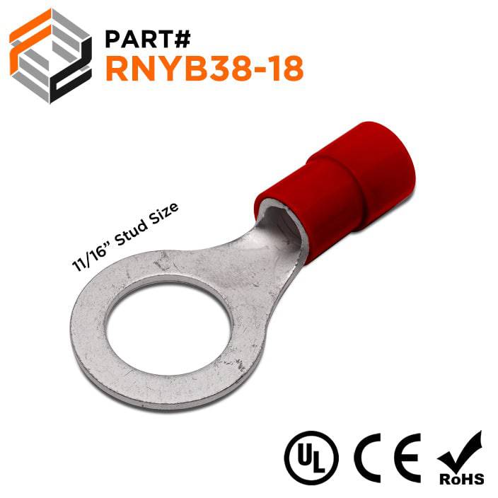 RNYB38-18 - 2 AWG Nylon Insulated Ring Terminals, 11/16" Stud, 10 Pieces