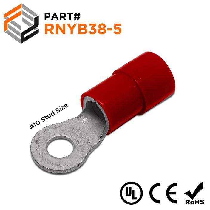 RNYB38-5 - 2 AWG Nylon Insulated Ring Terminals, #10 Stud, 10 Pieces