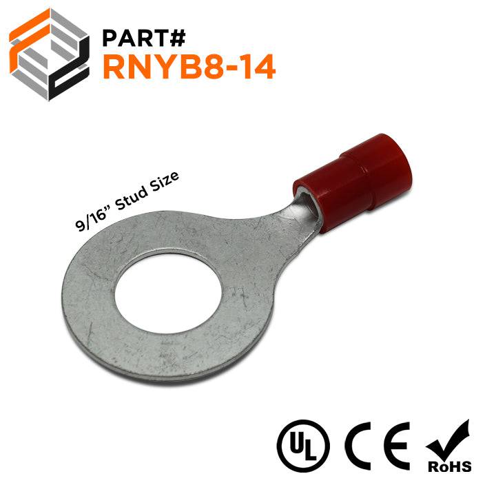 RNYB8-14 - 8 AWG Nylon Insulated Ring Terminals, 9/16" Stud, 10 Pieces