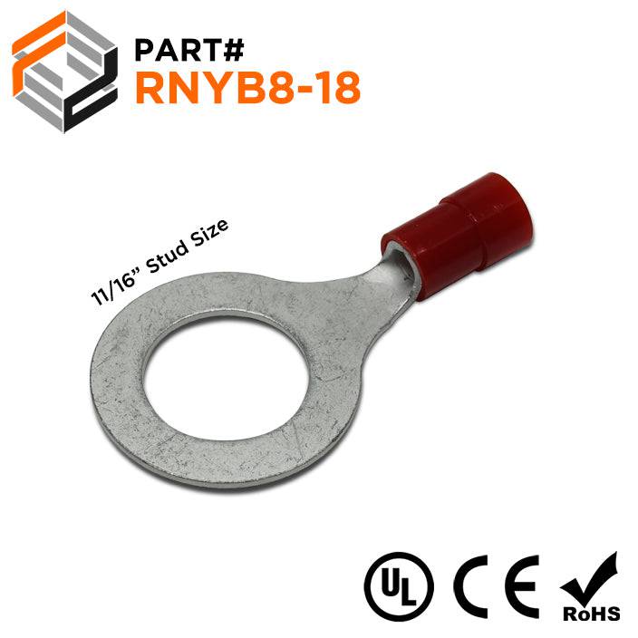 RNYB8-18 - 8 AWG Nylon Insulated Ring Terminals, 11/16" Stud, 10 Pieces