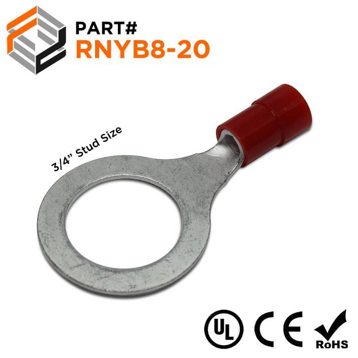 RNYB8-20 - 8 AWG Nylon Insulated Ring Terminals, 3/4" Stud, 10 Pieces