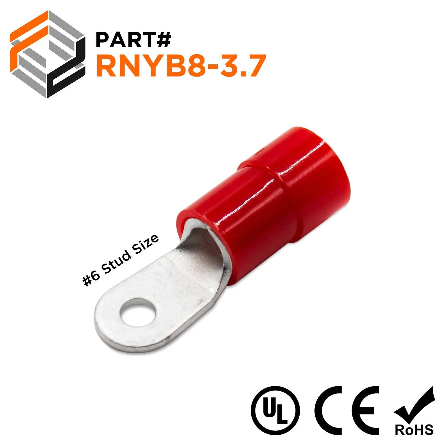 RNYB8-37 - 8 AWG Nylon Insulated Ring Terminals, #6 Stud, 10 Pieces