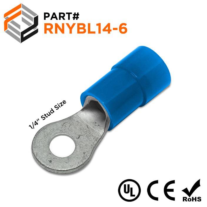 RNYBL14-6 - 6 AWG Nylon Insulated Ring Terminals, 1/4" Stud, 10 Pieces