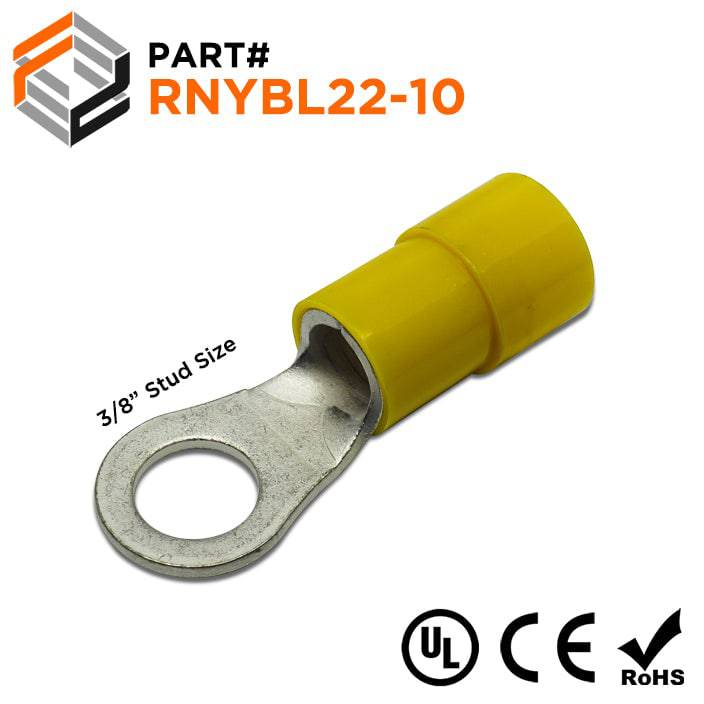 RNYBL22-10 - 4 AWG Nylon Insulated Ring Terminals, 3/8" Stud, 10 Pieces