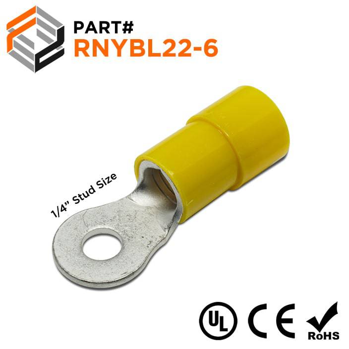RNYBL22-6 - 4 AWG Nylon Insulated Ring Terminals, 1/4" Stud, 10 Pieces