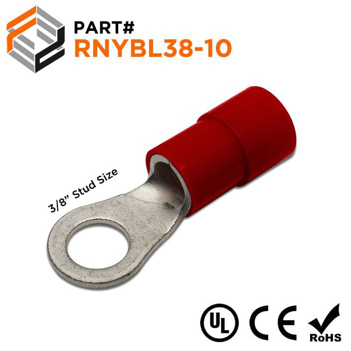 RNYBL38-10 - 2 AWG Nylon Insulated Ring Terminals, 3/8" Stud, 10 Pieces