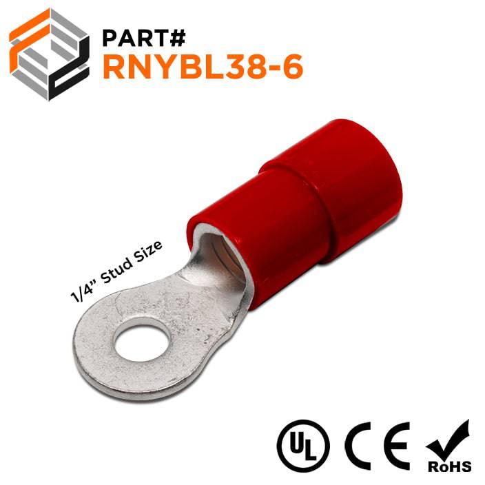 RNYBL38-6 - 2 AWG Nylon Insulated Ring Terminals, 1/4" Stud, 10 Pieces