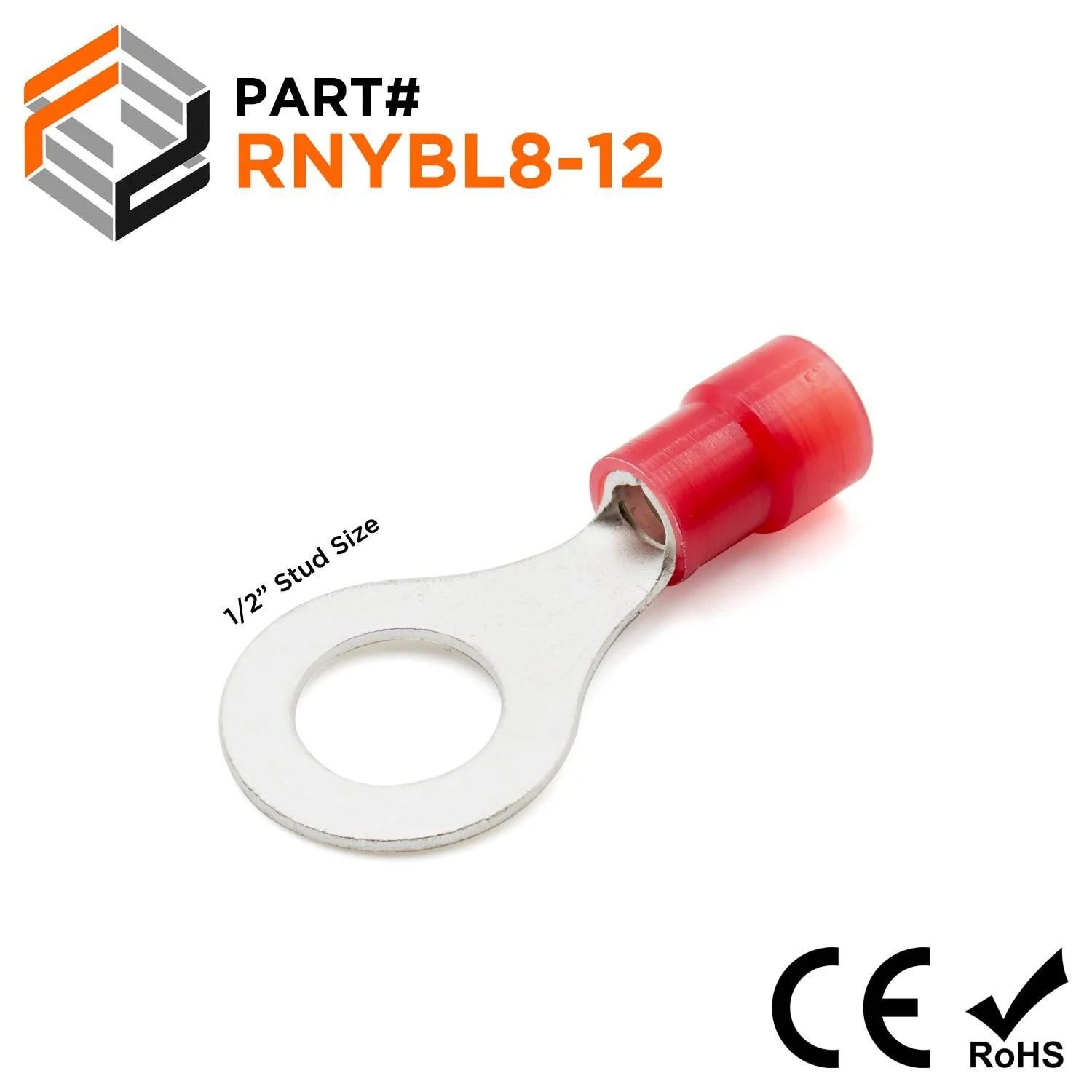 RNYBL8-12 - 8 AWG Nylon Insulated Ring Terminals, 1/2" Stud, 10 Pieces