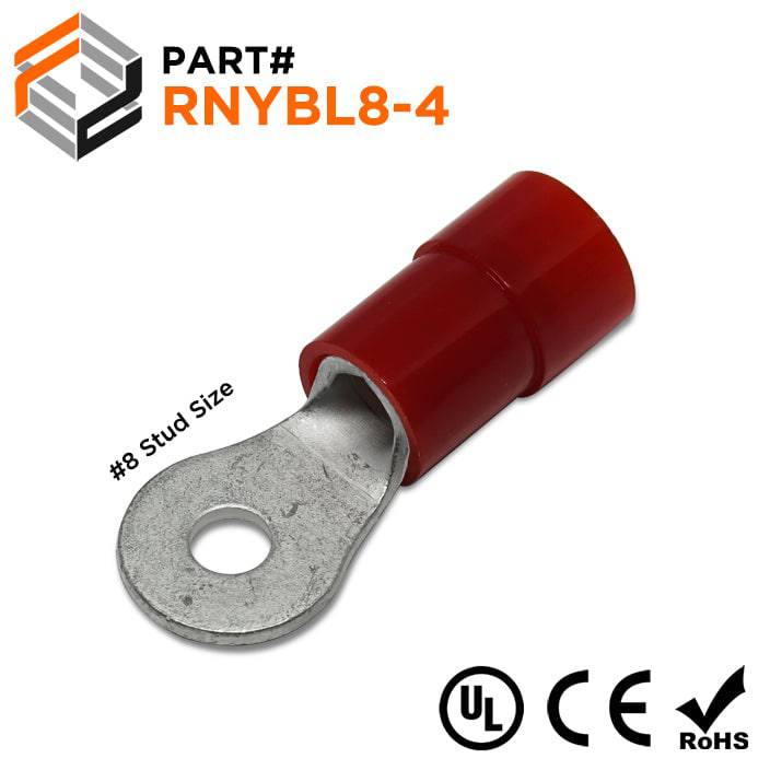 RNYBL8-4 - 8 AWG Nylon Insulated Ring Terminals, #8 Stud, 10 Pieces
