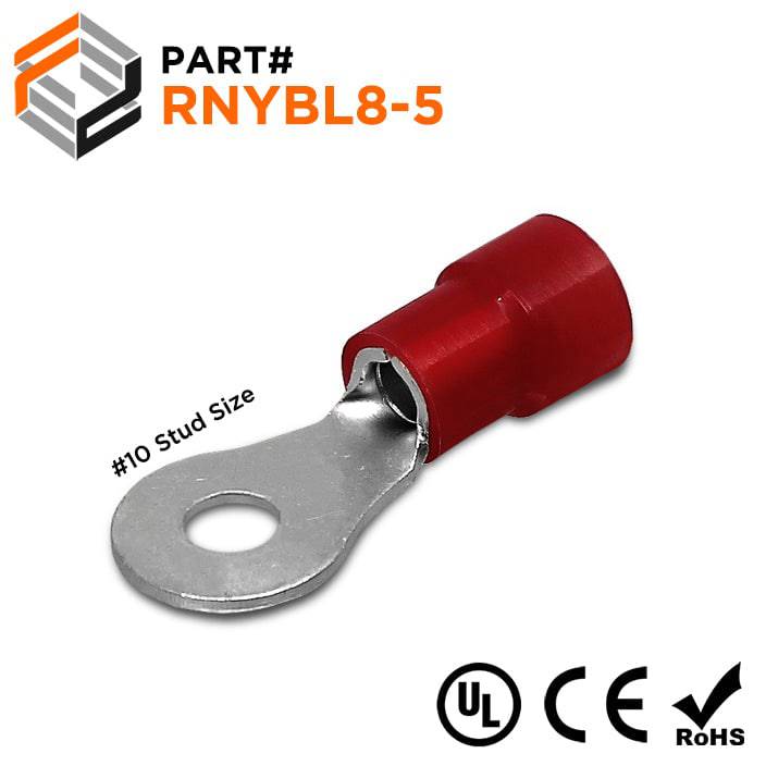 8 AWG Nylon Insulated Ring Terminals, #10 Stud, Brazed Seam, 50 Pieces - RNYBL8-5