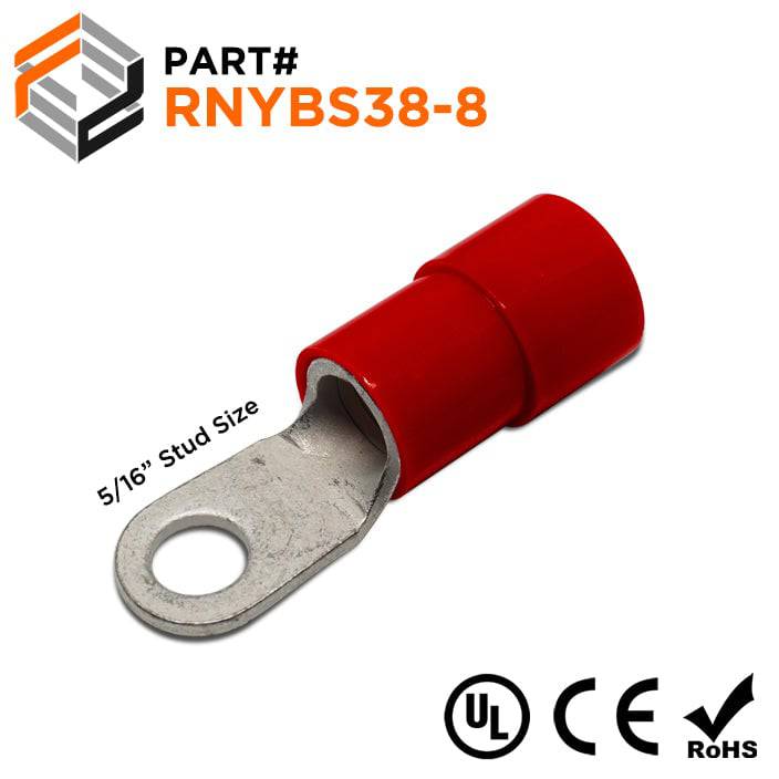 RNYBS38-8 - 2 AWG Nylon Insulated Ring Terminals, 5/16" Stud, 10 Pieces