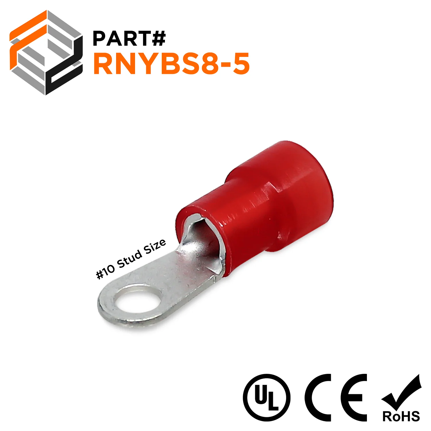 8 AWG Nylon Insulated Ring Terminals, #10 Stud, Brazed Seam, 50 Pieces - RNYBS8-5