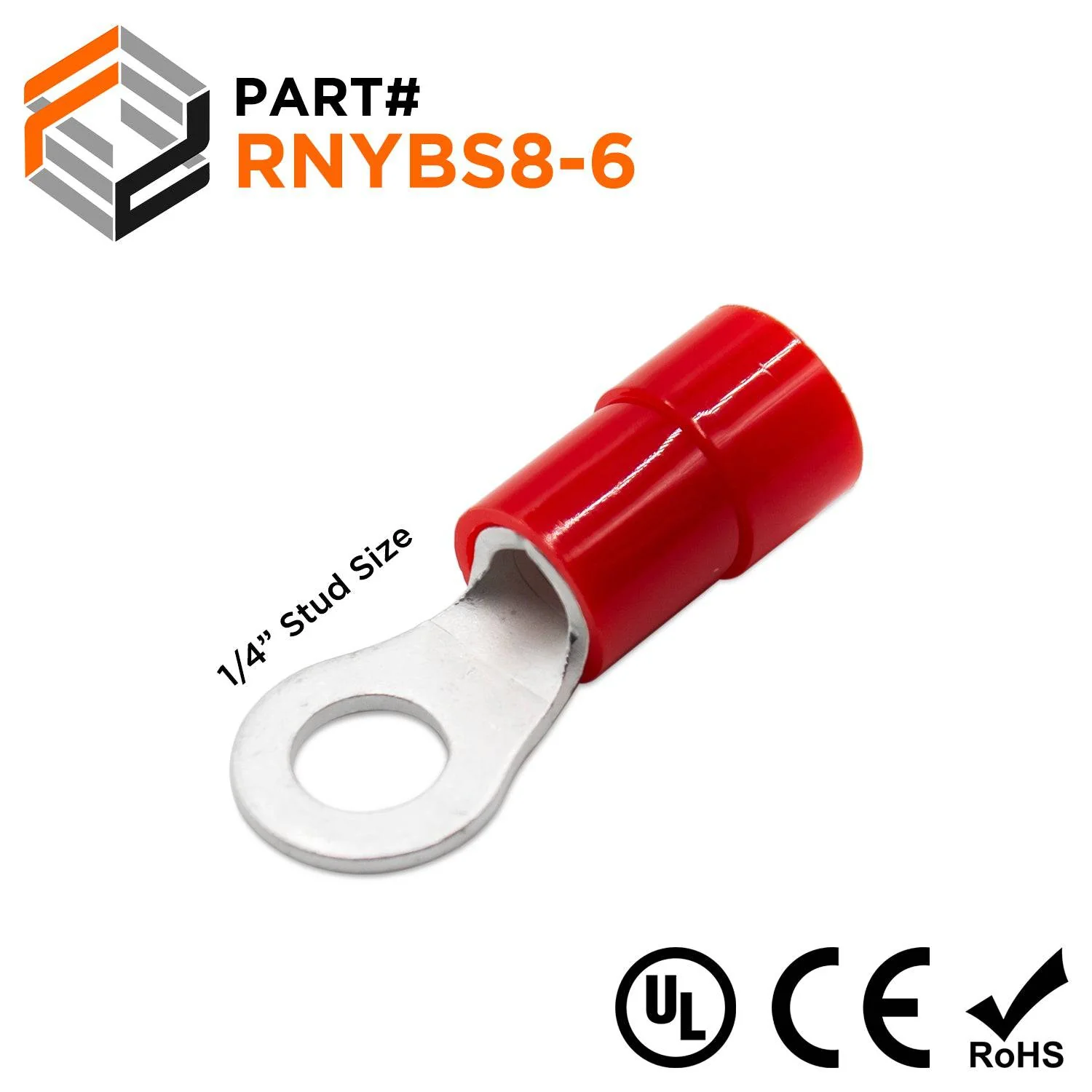 8 AWG Nylon Insulated Ring Terminals, 1/4" Stud, Brazed Seam, 10 Pieces - RNYBS8-6