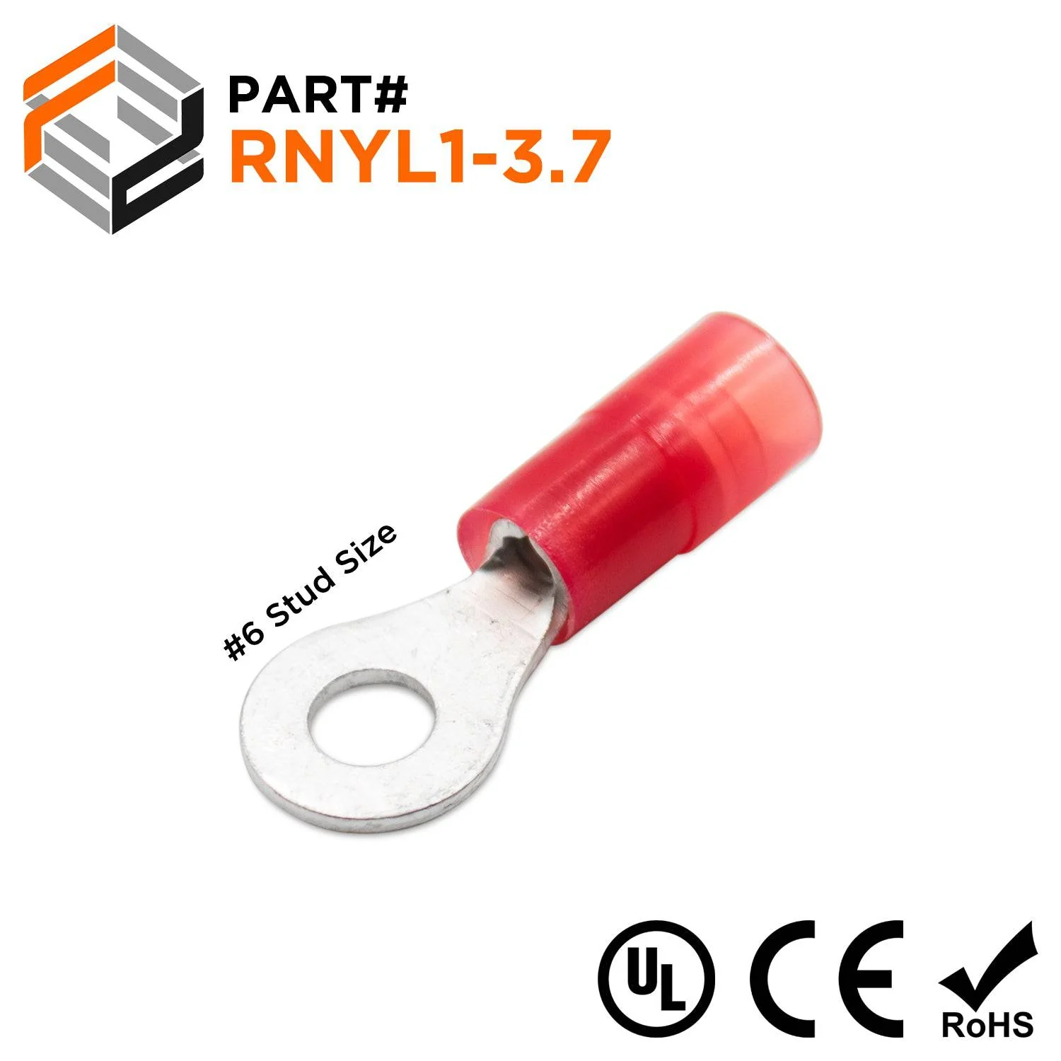 22-16 AWG Nylon Insulated Ring Terminals, #6 Stud, Butted Seam, 100 Pieces - RNYL1-37
