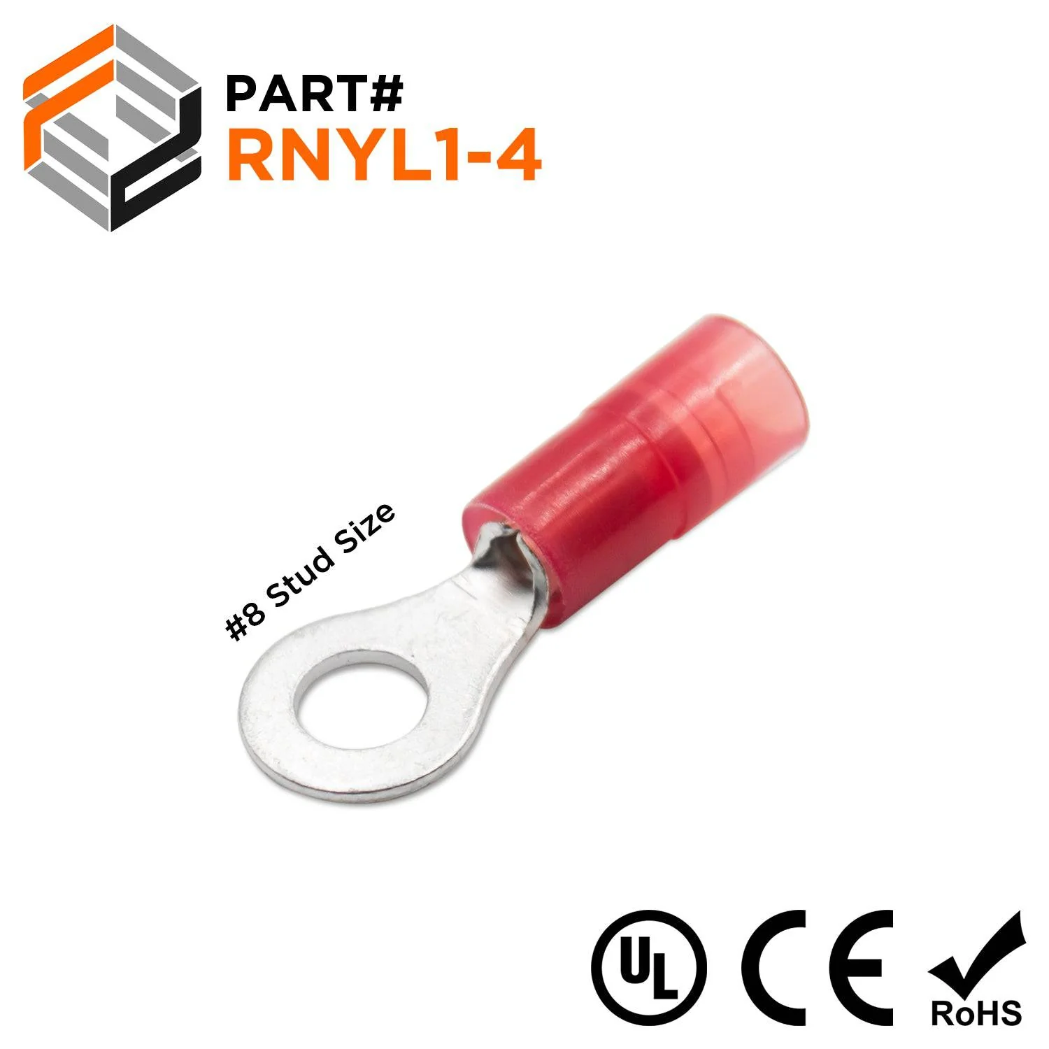22-16 AWG Nylon Insulated Ring Terminals, #8 Stud, Butted Seam, 100 Pieces - RNYL1-4