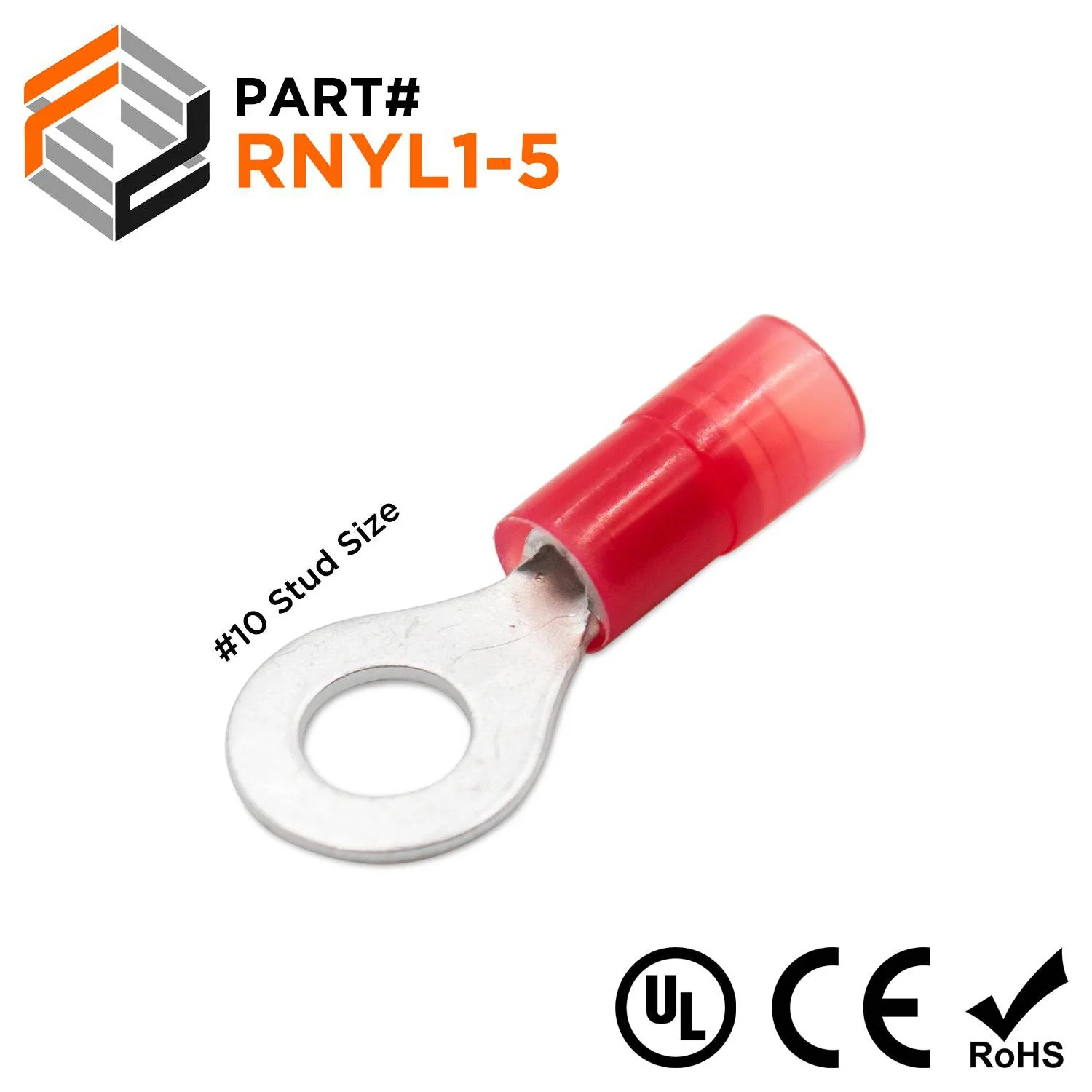 22-16 AWG Nylon Insulated Ring Terminals, #10 Stud, Butted Seam, 100 Pieces - RNYL1-5