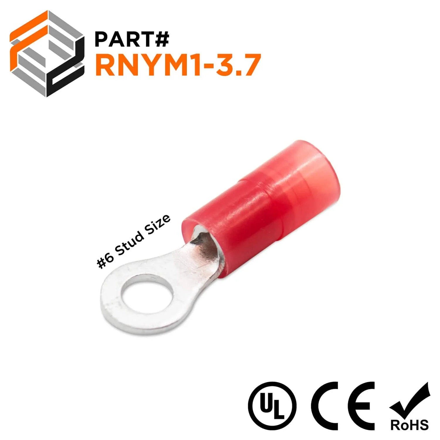 22-16 AWG Nylon Insulated Ring Terminals, #6 Stud, Butted Seam, 100 Pieces - RNYM1-37