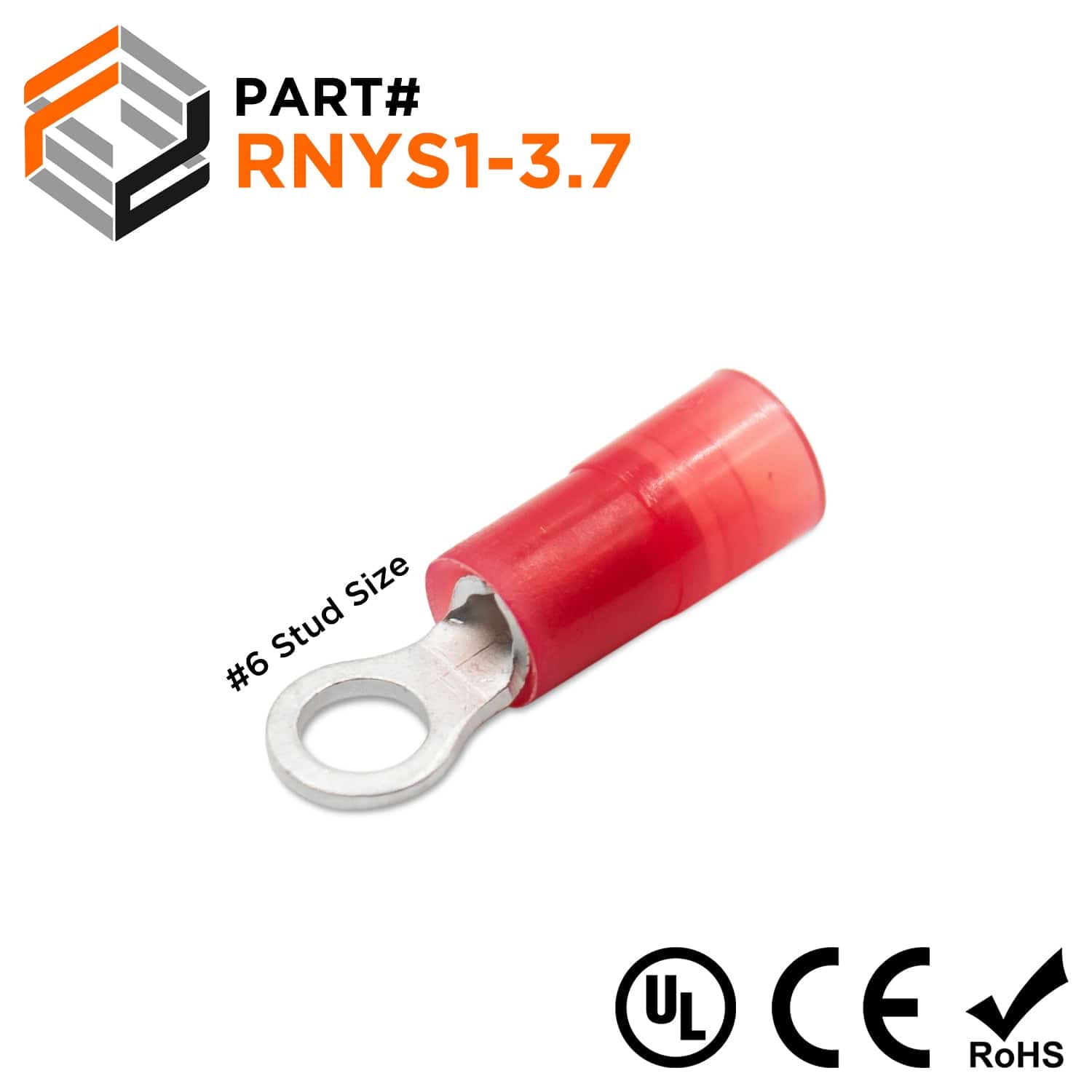 22-16 AWG Nylon Insulated Ring Terminals, #6 Stud, Butted Seam, 100 Pieces - RNYS1-37