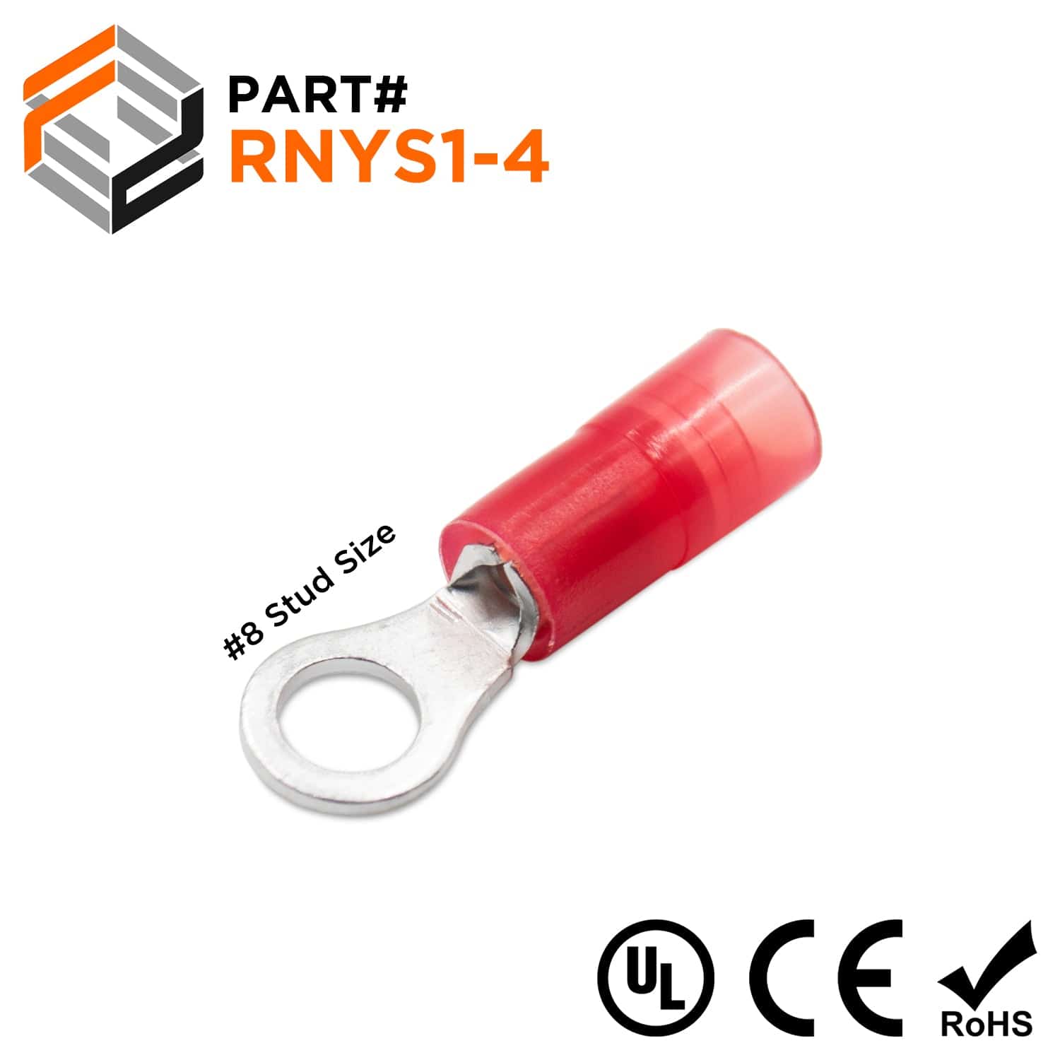 22-16 AWG Nylon Insulated Ring Terminals, #8 Stud, Butted Seam, 100 Pieces - RNYS1-4