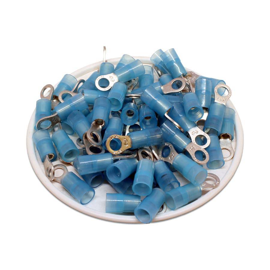 16-14 AWG Nylon Insulated Ring Terminals, #8 Stud, Butted Seam, 100 Pieces - RNYS2-4