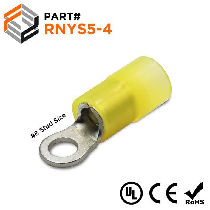 12-10 AWG Nylon Insulated Ring Terminals, #8 Stud, Butted Seam, 50 Pieces - RNYS5-4
