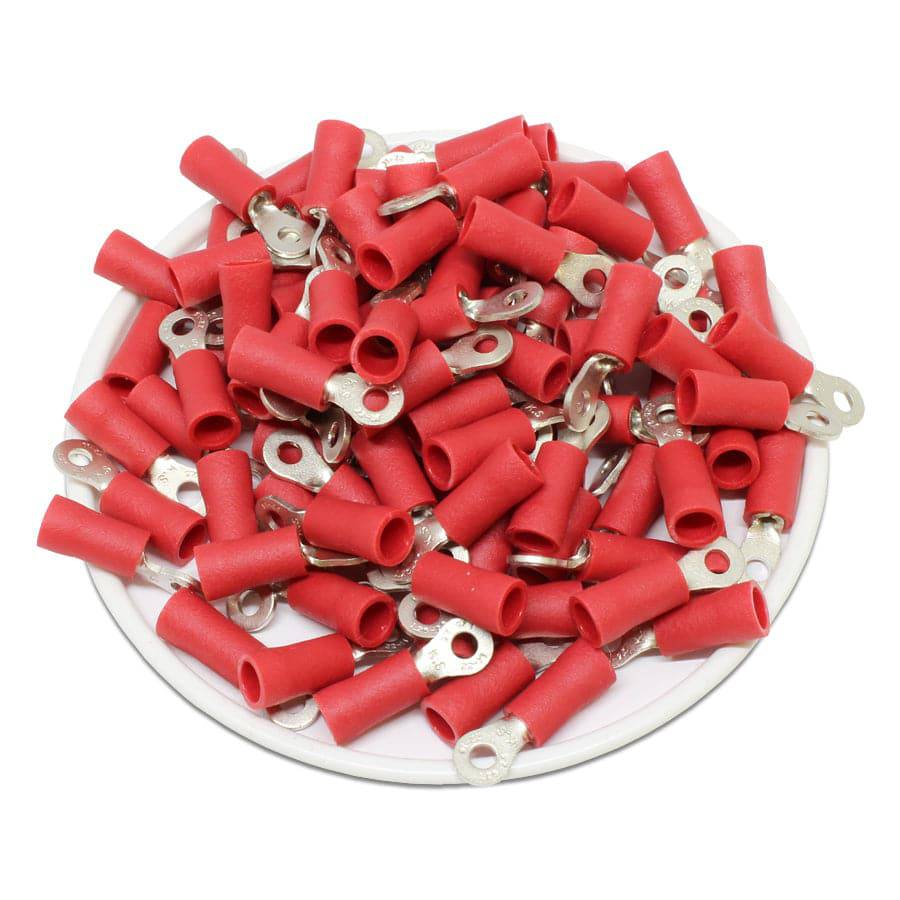 22-16 AWG PVC Vinyl Insulated Ring Terminals, #2 Stud, Butted Seam, 100 Pieces - RV1-25