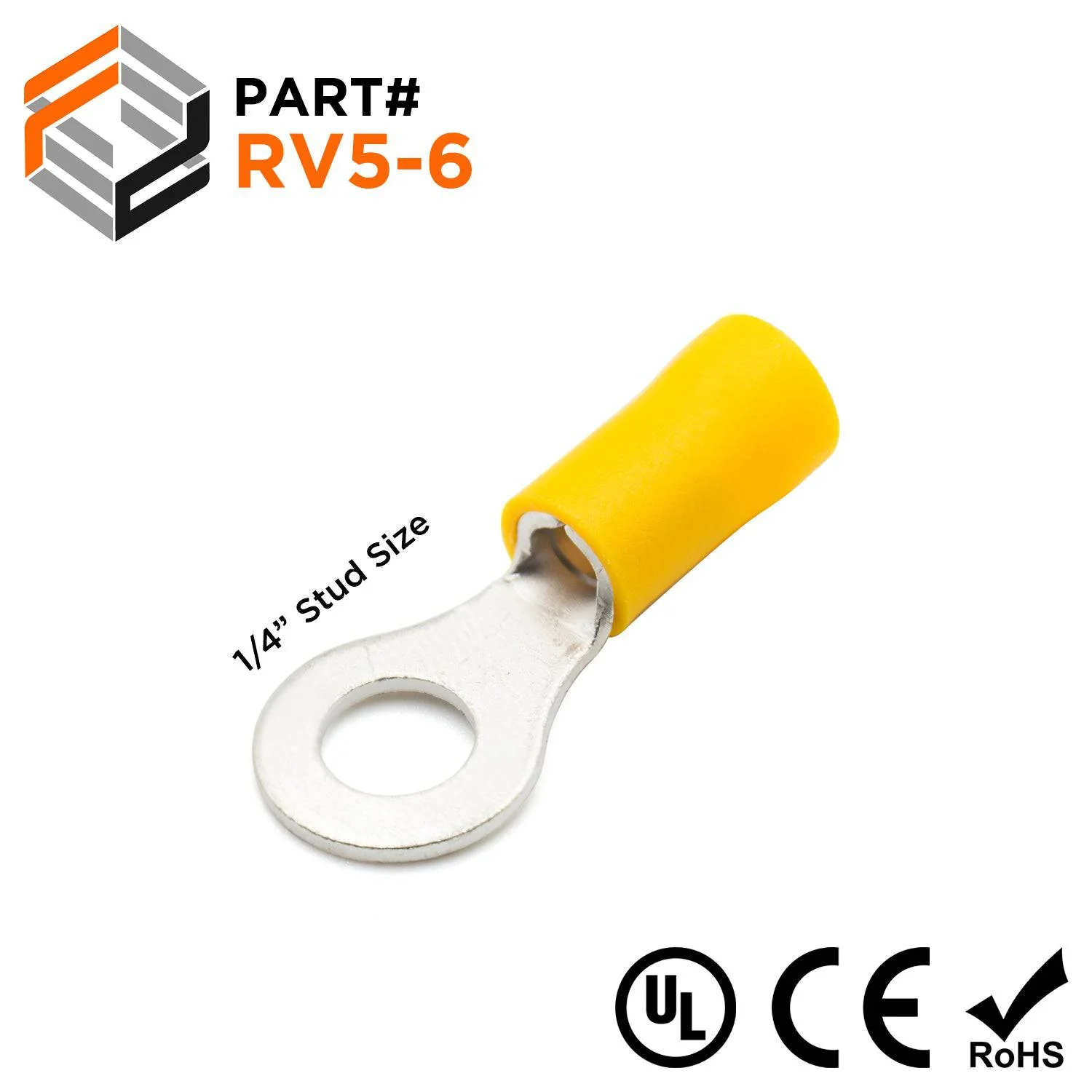 RV5-6 - 12 to 10 AWG PVC Vinyl Insulated Ring Terminals, 1/4" Stud, 50 Pieces