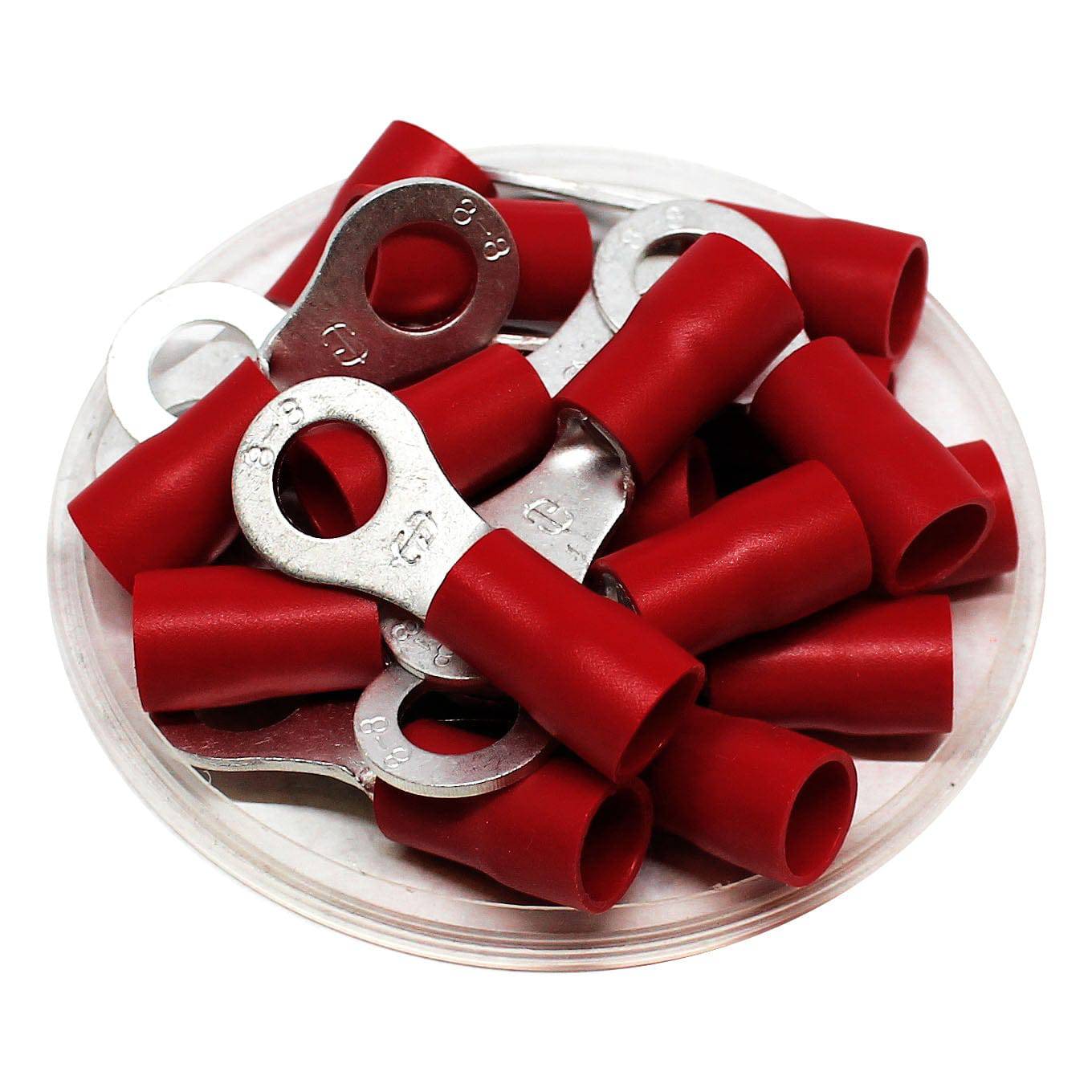 8 AWG PVC Vinyl Insulated Ring Terminals, 5/16" Stud, Brazed Seam, 50 Pieces - RVB8-8