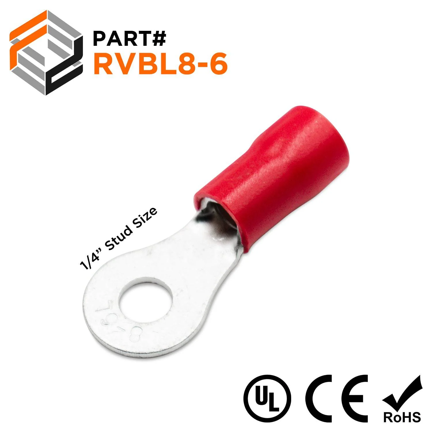 8 AWG PVC Vinyl Insulated Ring Terminals, 1/4" Stud, Brazed Seam, 50 Pieces - RVBL8-6