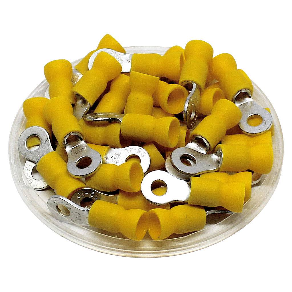 RVEL5-4 - 12 to 10 AWG Vinyl Insulated Easy Entry Ring Terminals, #8 Stud, Butted Seam, 50 Pieces