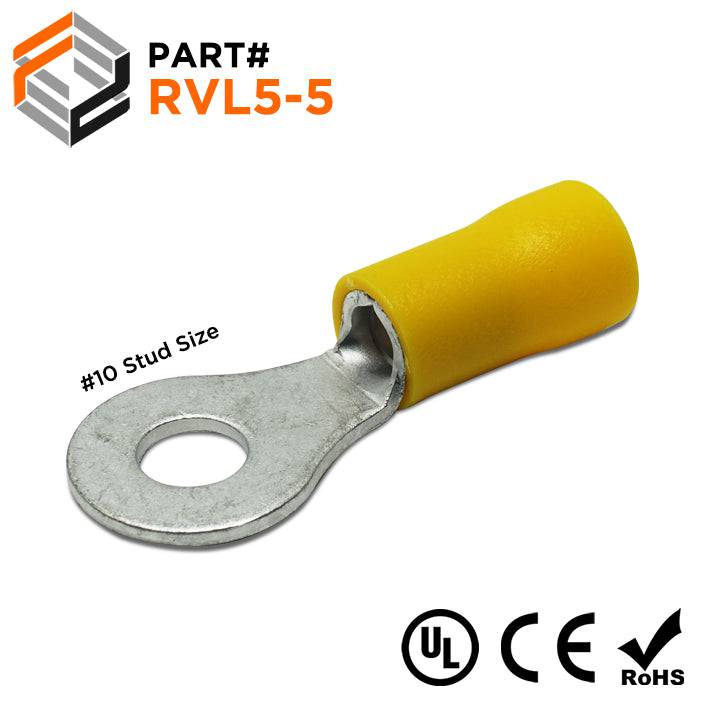 RVL5-5 - 12 to 10 AWG PVC Vinyl Insulated Ring Terminals, #10 Stud, Butted Seam, 50 Pieces
