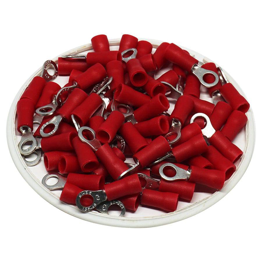 RVS1-4 - 22 to 16 AWG Vinyl PVC Insulated Ring Terminals, #8 Stud, 100 Pieces