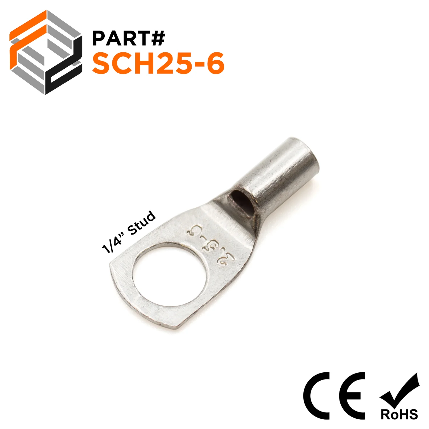 SCH25-6 - 14 AWG Non Insulated Tubular Ring Lugs, 1/4" Stud, 100 Pieces