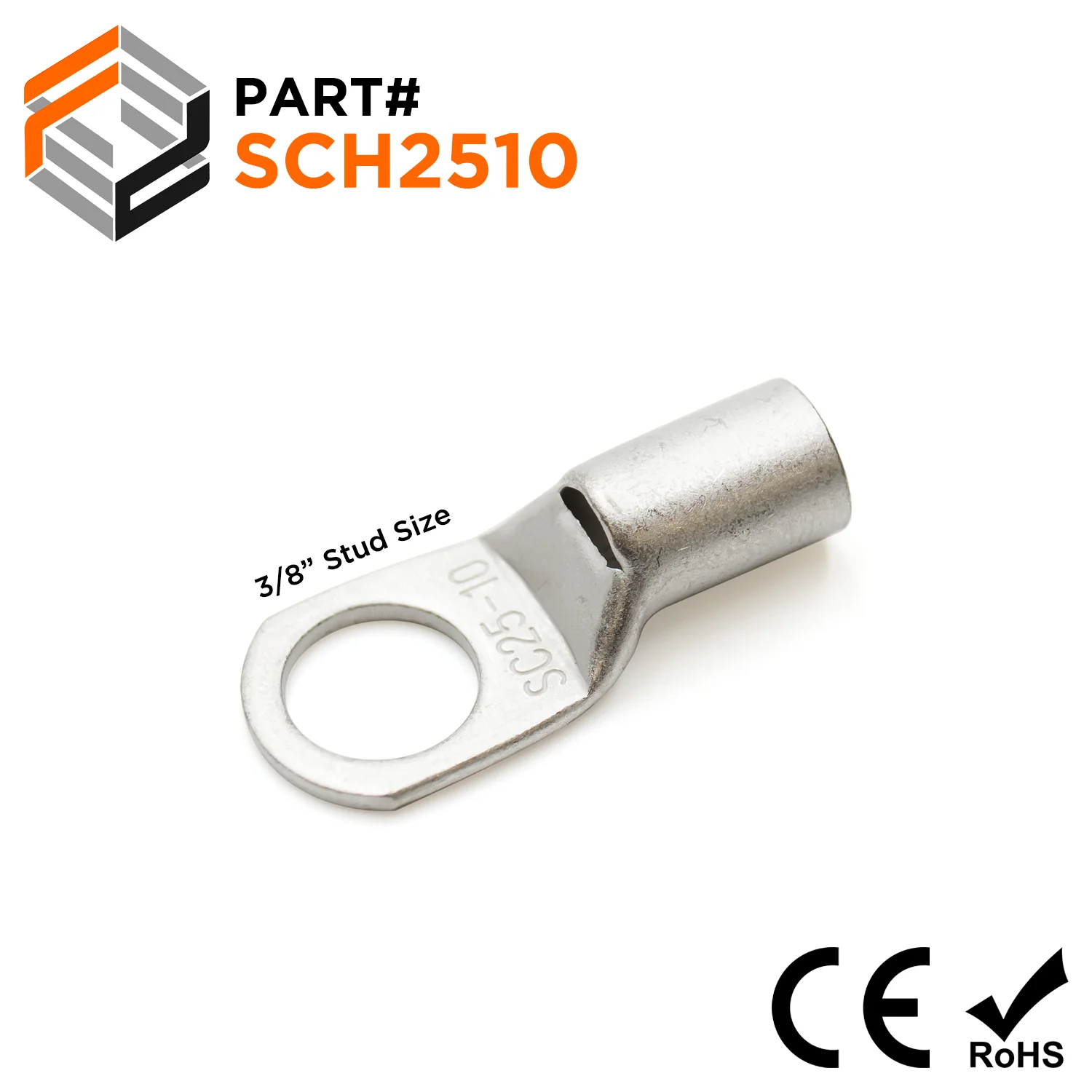 SCH2510 - 4 AWG Non Insulated Tubular Ring Lugs, 3/8" Stud - 25 Pieces