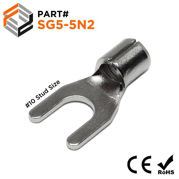 SG5-5N2 - 12 to 10 AWG High Temperature Spade Terminals, 10# Stud, Steel, 900°F, 100 Pieces