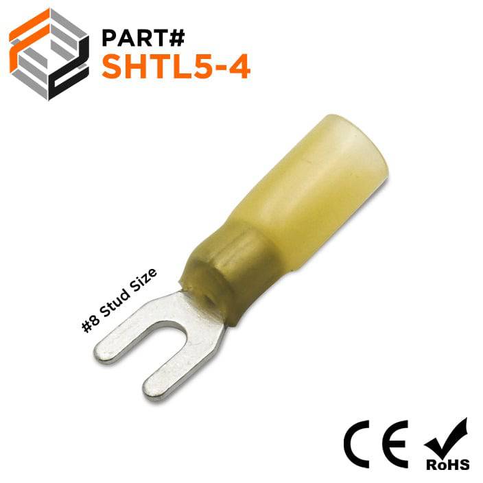 SHTL5-4 - 12 to 10 AWG Heat Shrink Spade Terminals, #8 Stud, Polyethylene, 25 Pieces