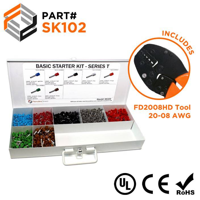 SK102 - 20 to 8 AWG Wire Ferrules Basic Kit + FD2008HD Tool, 2,450-Pieces, Series T, 1 Kit