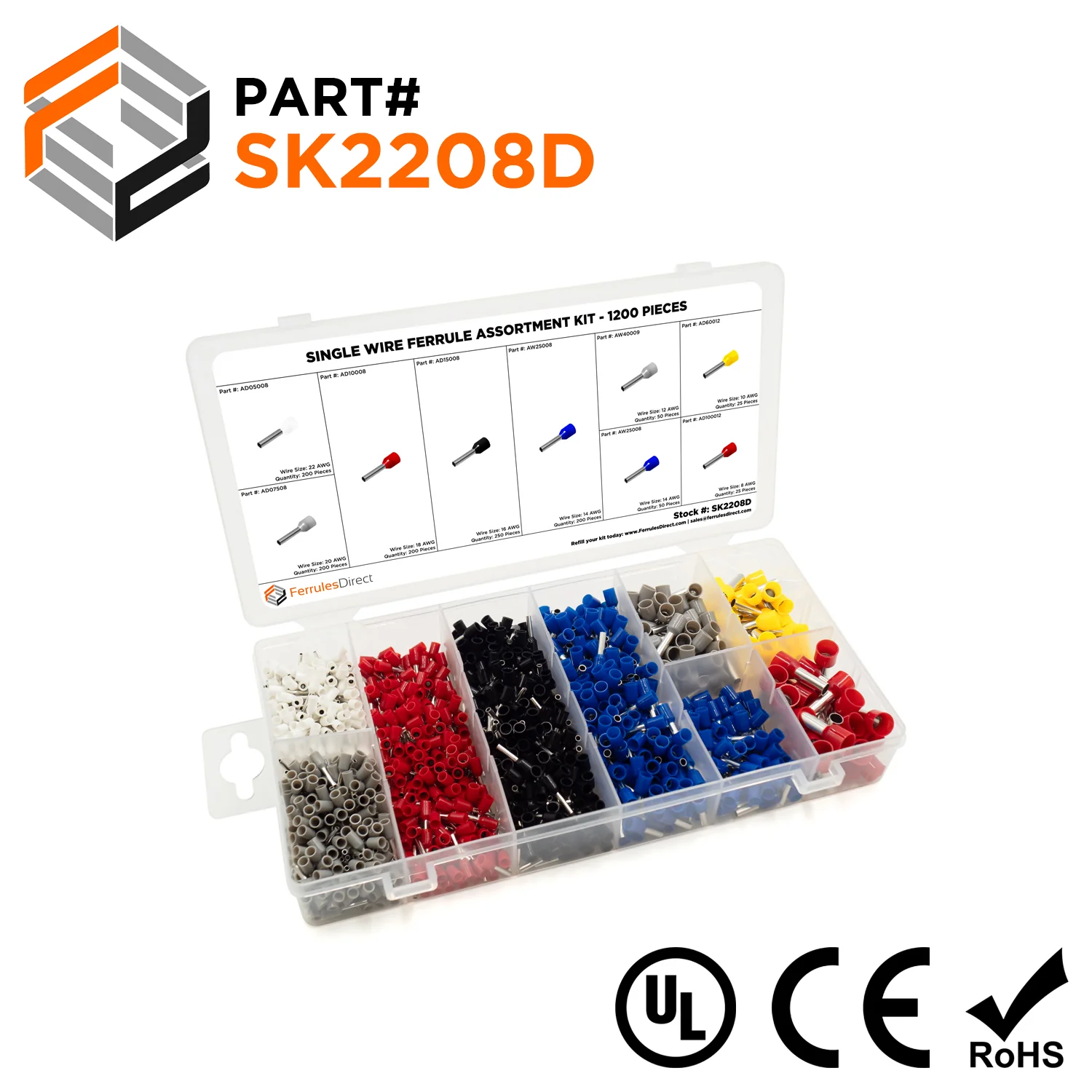 SK2208D - 22 to 8 AWG Single Insulated Wire Ferrule Assortment Kit, 1200 Pieces, Series D, 1 Kit