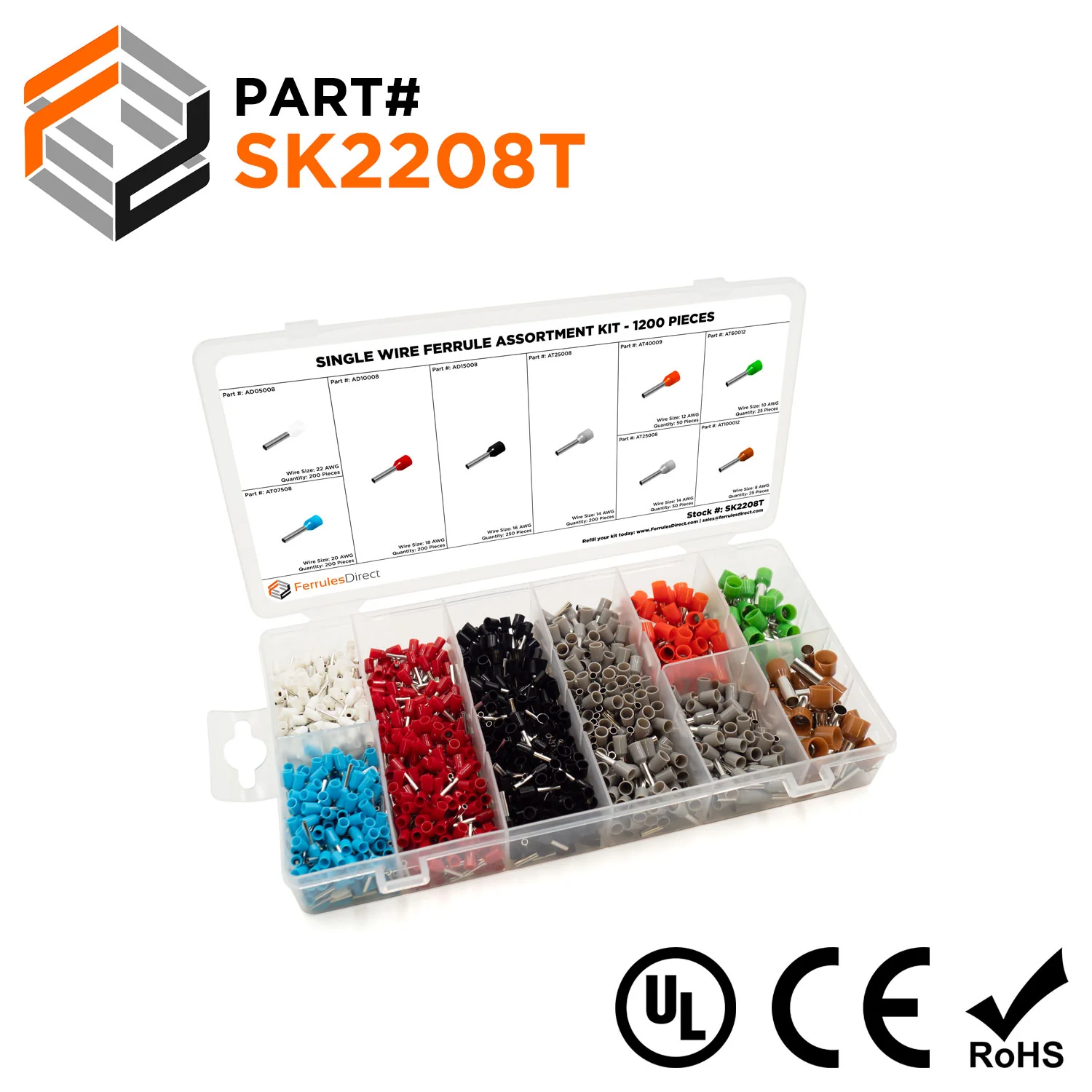 SK2208T - 22 to 8 AWG Single Insulated Wire Ferrule Assortment Kit, 1200 Pieces, Series T, 1 Kit