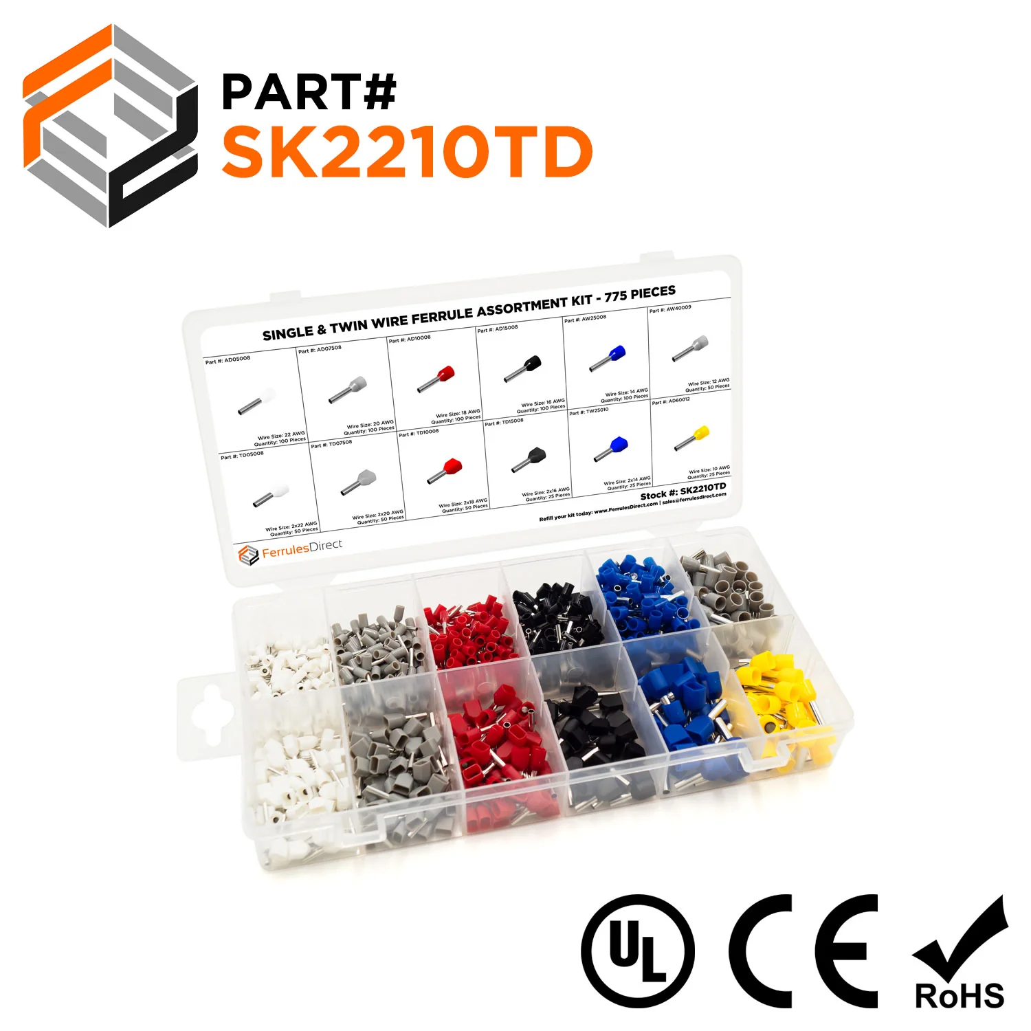 SK2210TD - 22 to 10 AWG Single & Twin Wire Ferrules Assortment Kit, 775 Pieces, Series D, 1 Kit