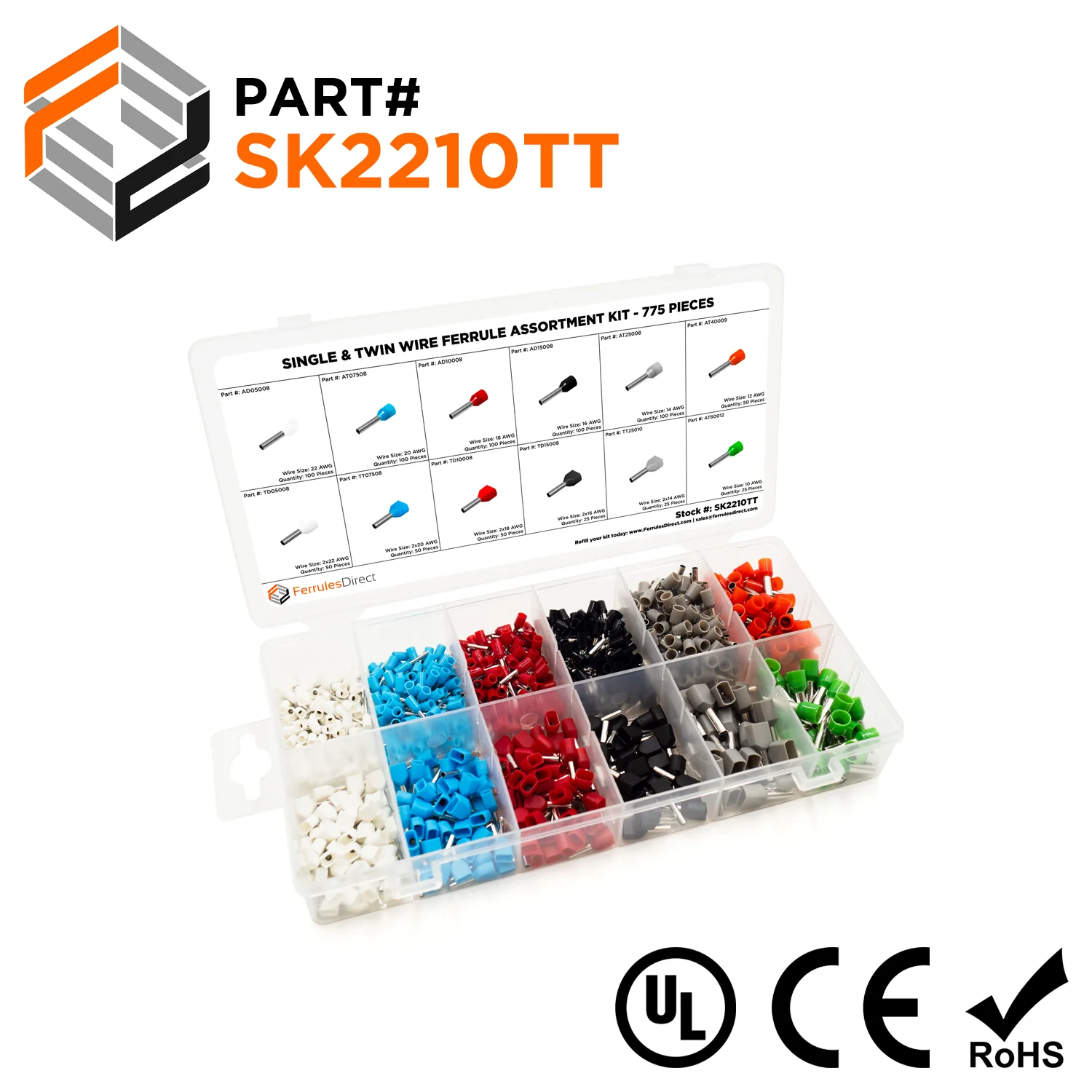 SK2210TT - 22 to 10 AWG Single & Twin Wire Ferrules Assortment Kit, 775 Pieces, Series T, 1 Kit