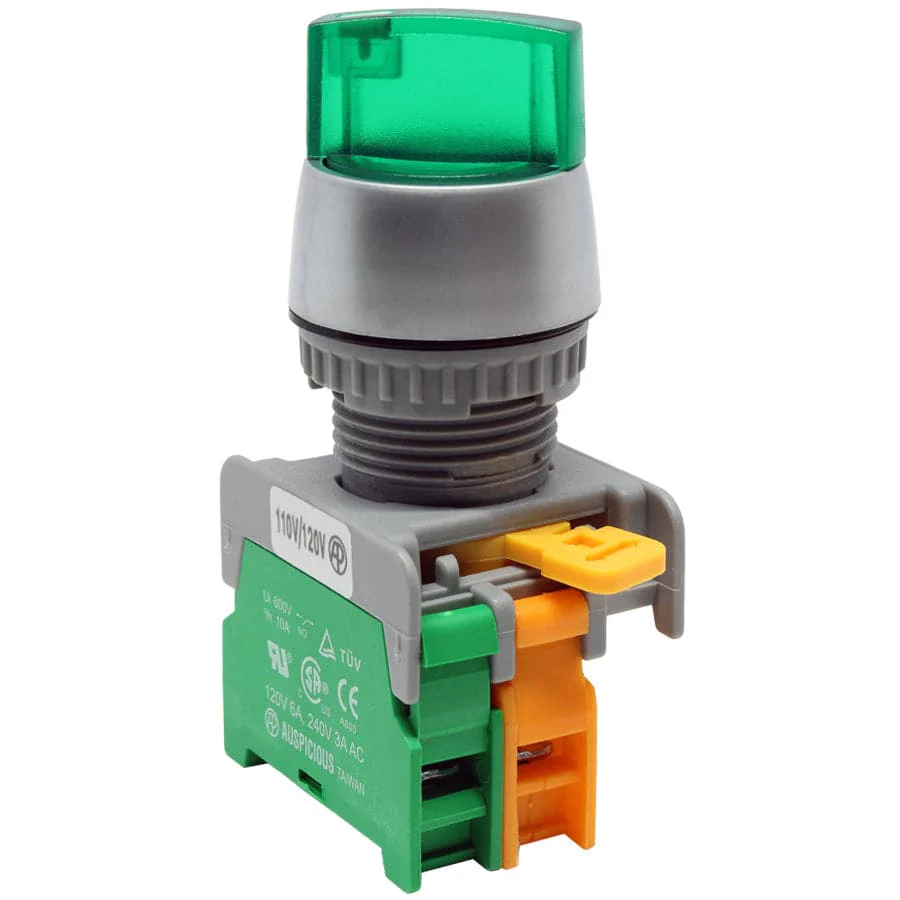 SL22-NO-GN - Illuminated Twist Knob Switch - 1 Contact (1/O) - 2 Positions (0-1) - 110V - Green