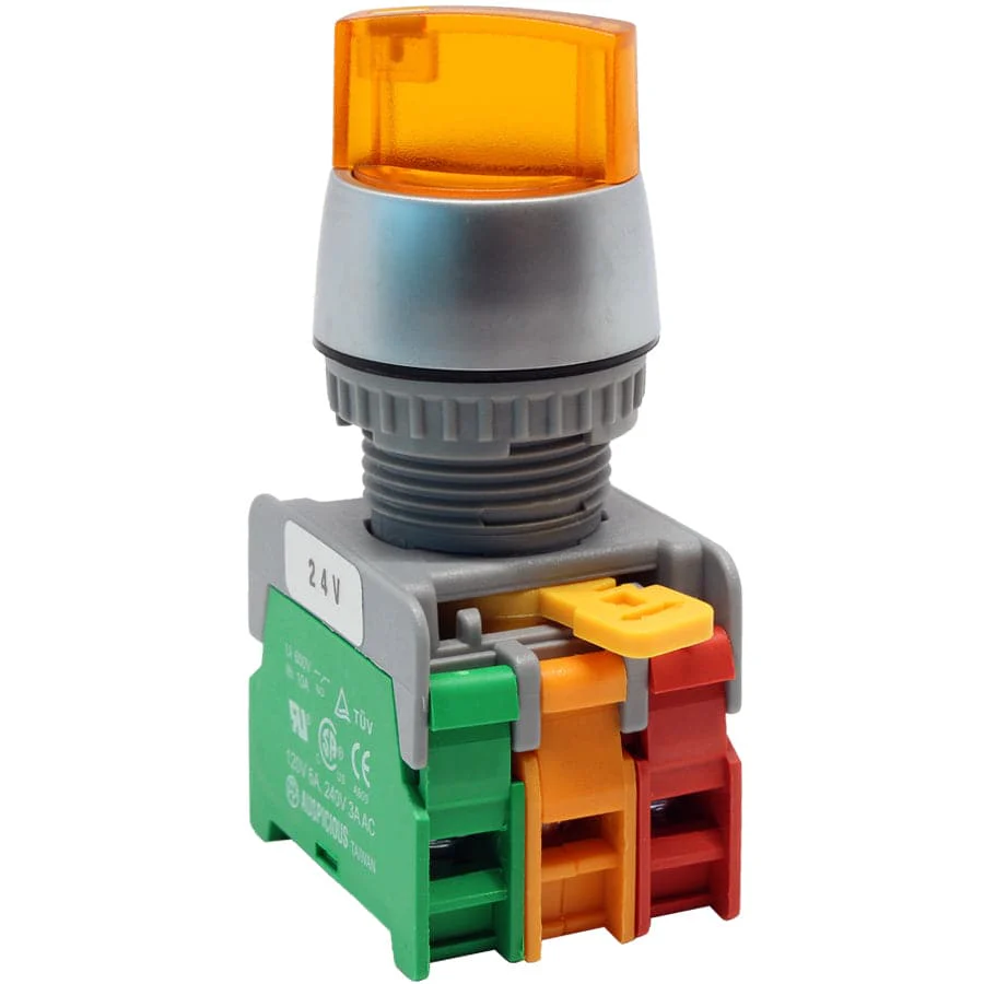 SL22-1O/C-24-YL - Illuminated Twist Knob Switch - 2 Contact (1O/C) - 2 Positions (1-2) - 24V Yellow