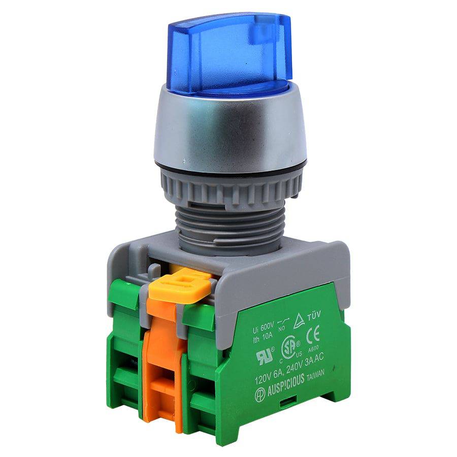 SL223-2/O-24-BL - Illuminated Twist Knob Switch - 2 Contact (2/O) - 3 Positions (1-0-2) - Blue